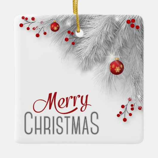 銀霜の降りたの枝の赤い装飾クリスマス セラミックオーナメント (正面)