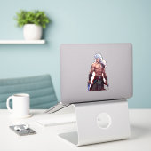 銀髪の剣士ファンタジーバトルステッカー シール (デスク上のノートパソコン)