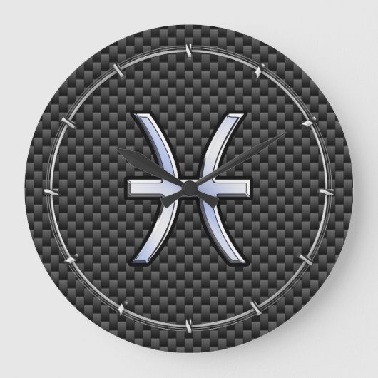 銀魚座〔占星術の〕十二宮図サインオン炭素繊維プリント ラージ壁時計 (正面)