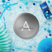 銀、白黒の金属箔モノグラム ペーパープレート (パーティー)