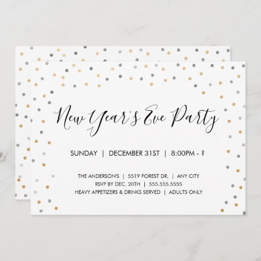 銀 + 金ゴールドの紙吹雪の大晦日のパーティーの招待 招待状 (正面/裏面)
