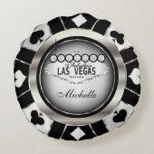 銀、黒、白のパーソナライズトランプのポーカーチップ ラウンドクッション (裏面)