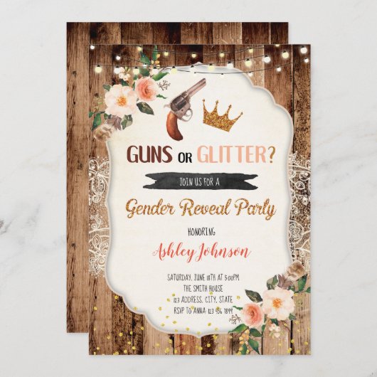 銃またはグリッターの性差別案内カードの招待 招待状 (正面/裏面)
