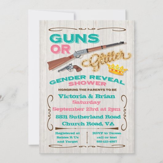 銃またはグリッタージェンダーが赤ちゃんのシャワーを明らかにする 招待状 (正面)