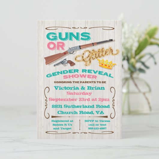 銃またはグリッタージェンダーが赤ちゃんのシャワーを明らかにする 招待状 (スタンド正面)
