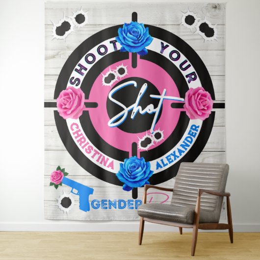 銃またはバラジェンダーが赤ちゃんシャワーを明らかにするピンク/ブルー タペストリー (インサイチュ)