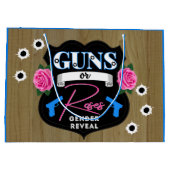 銃またはバラピンク/ブルー性別が赤ちゃんのシャワーを明らかにする ラージペーパーバッグ (裏面)