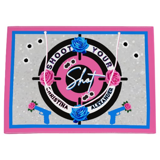 銃またはバラピンク&ブルー | 性別の表示 ラージペーパーバッグ (正面)