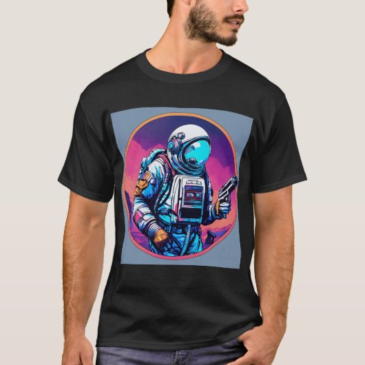 銃を持つ宇宙飛行士：宇宙戦士Tシャツ Tシャツ (正面)