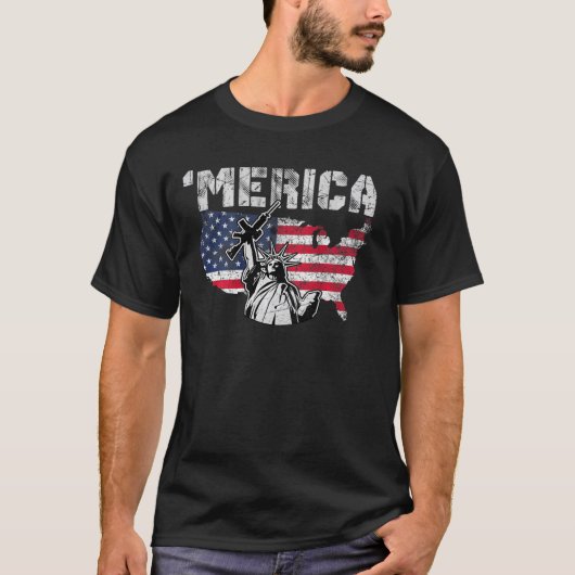 銃を持つ自由の女神 – メリカ赤白 Tシャツ (正面)