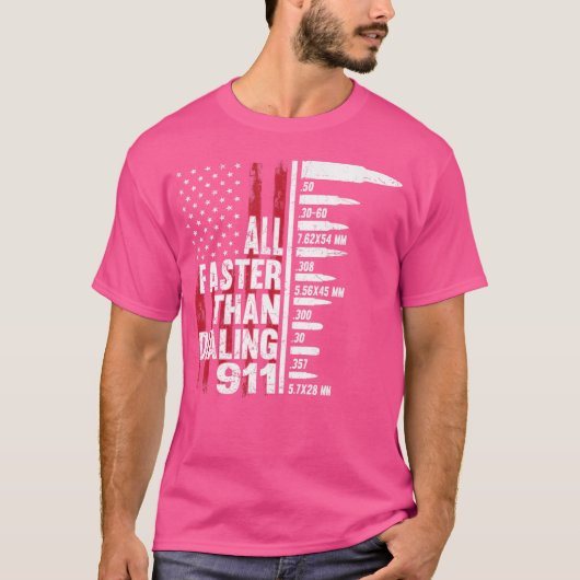 銃愛国アメリカ国旗911番通報より速い Tシャツ (正面)