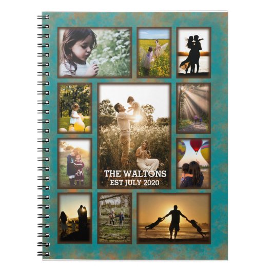 銅とエレガントティール(緑がかった色)フレームファミリーフォトコラージュ ノートブック (正面)