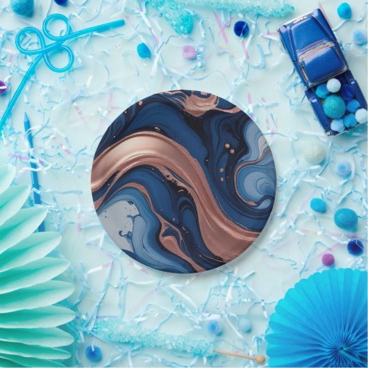 銅とエレガント青の渦巻き旋回を持つ流動的な芸術 ペーパープレート (パーティー)