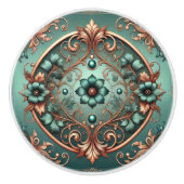 銅とターコイズのリングや輪と花 セラミックノブ (正面)