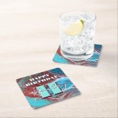 銅とティール（緑がかった色）アクリル流れアート スクエアペーパーコースター (インサイチュ)