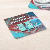 銅とティール（緑がかった色）アクリル流れアート スクエアペーパーコースター (アングル)