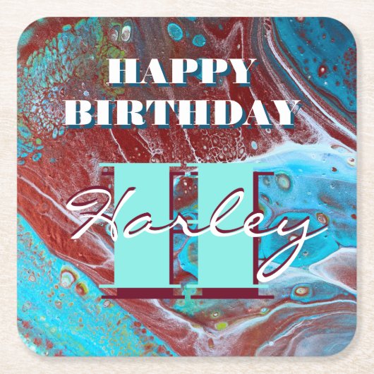 銅とティール（緑がかった色）アクリル流れアート スクエアペーパーコースター (正面)