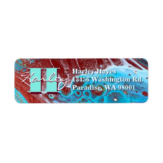 銅とティール（緑がかった色）アクリル流れアート ラベル (正面)