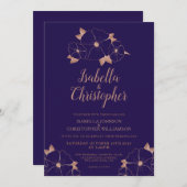 銅と真夜中の青モダンフローラ結婚 招待状 (正面/裏面)