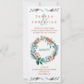 銅と緑の松針のリースの結婚式 招待状 (正面)