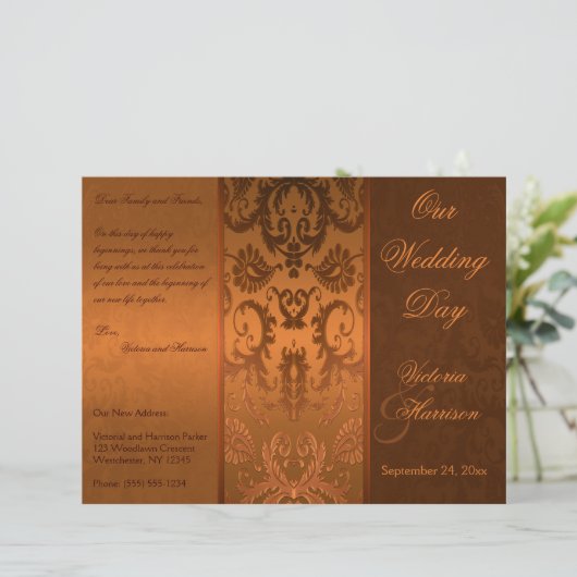 銅と茶色のダマスク結婚式プログラム (スタンド正面)