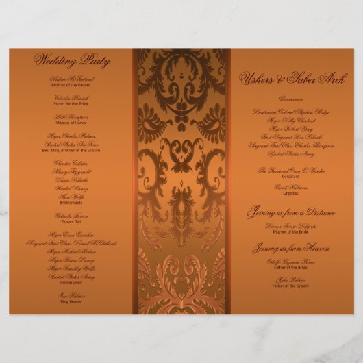 銅と茶色のダマスク結婚式プログラム (裏面)
