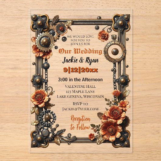 銅と金ゴールドスチームパンクゴシック結婚をテーマにした アクリル招待状 (正面)