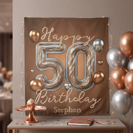 銅と銀のメタリックバルーン 50歳の誕生日 タペストリー
