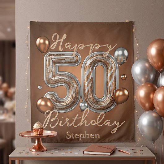 銅と銀のメタリックバルーン 50歳の誕生日 タペストリー