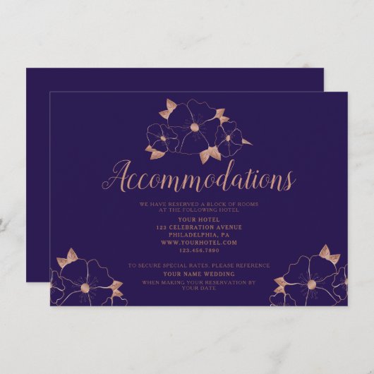 銅と青のフローラ結婚の宿泊施設 エンクロージャーカード (正面/裏面)