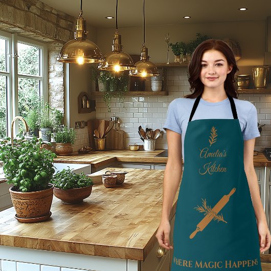 銅のピンとハーブ転が付きミッドナイトグリーン エプロン