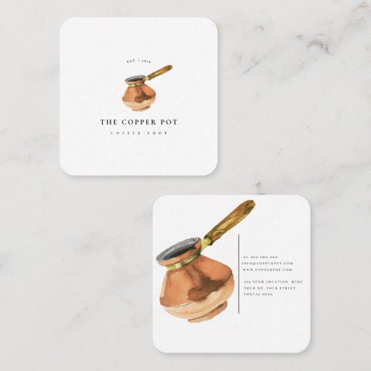 銅のポットのイラストレーションの喫茶店の名刺 スクエア名刺 (正面/裏面)