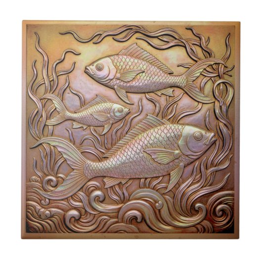 銅のメタリックな虹彩の魚 D1223 タイル (正面)