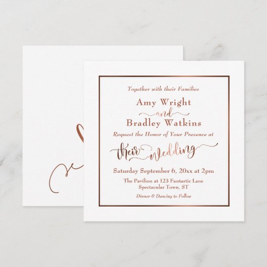 銅の優雅な筆記体 & 編集可能な白 | 結婚式 招待状 (正面/裏面)
