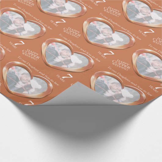 銅の創立結婚7周年ハート写真ラップ ラッピングペーパー (角)