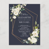 銅の幾何学的で青く白い花の結婚式 案内ポストカード (正面)