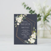銅の幾何学的で青く白い花の結婚式 案内ポストカード (スタンド正面)