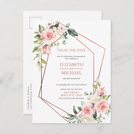 銅の幾何学的なピンクの花の延期日付 案内ポストカード (正面/裏面)