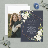 銅の幾何学的な白と青のエレガントな写真の結婚式 招待状