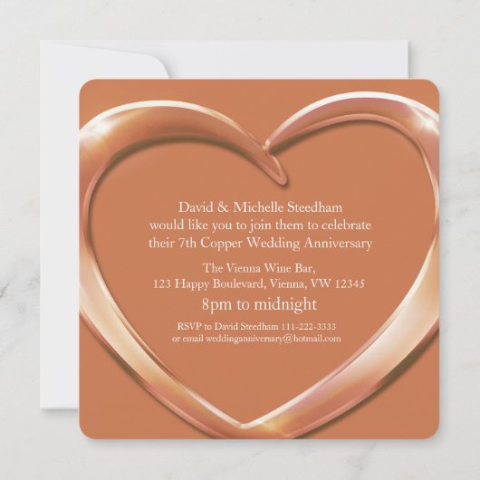 銅の結婚ハート7年のパーティー招待状 招待状 (裏面)