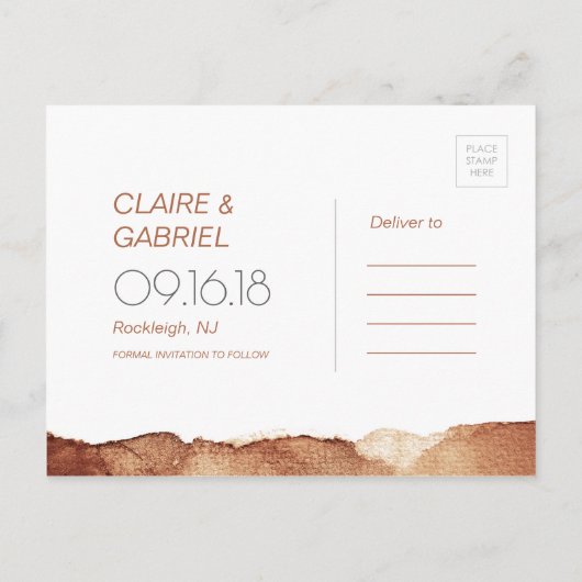 銅の色モダンのシンプル結婚式の日付を保存 案内ポストカード (裏面)