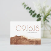 銅の色モダンのシンプル結婚式の日付を保存 案内ポストカード (スタンド正面)
