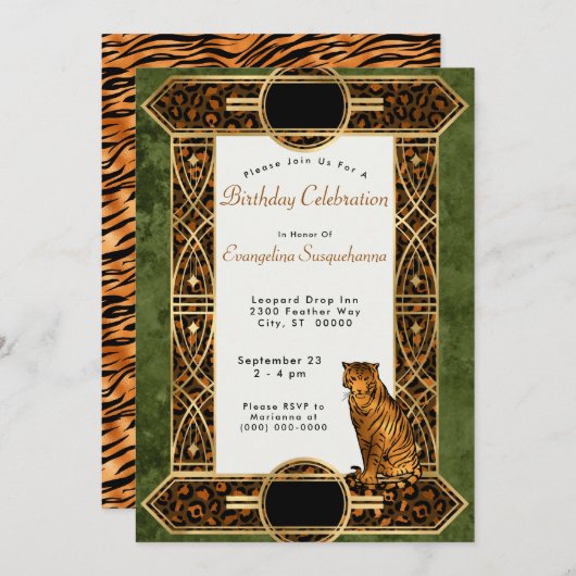 銅エレガントグリーンタイガーアールデコ誕生日 招待状 (正面/裏面)