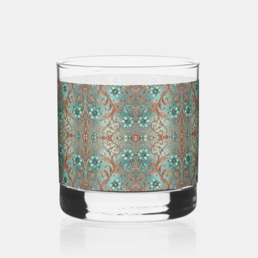 銅エレガントターコイの花とつる植物 ウイスキーグラス (正面)