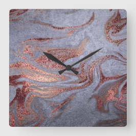 銅エレガントバラモダン金ゴールドブルー大理石ルック スクエア壁時計