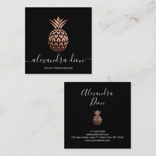 銅エレガントバラモダン金ゴールド黒パイナップル スクエア名刺 (正面/裏面)