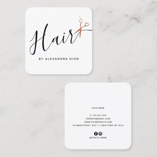 銅エレガントバラ金ゴールドはさみヘアスタイリスト スクエア名刺 (正面/裏面)