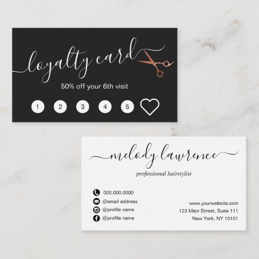 銅エレガントバラ金ゴールドはさみヘアスタイリスト ロイヤリティカード (正面/裏面)