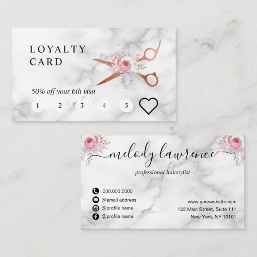 銅エレガントバラ金ゴールドはさみヘアスタイリスト ロイヤリティカード (正面/裏面)