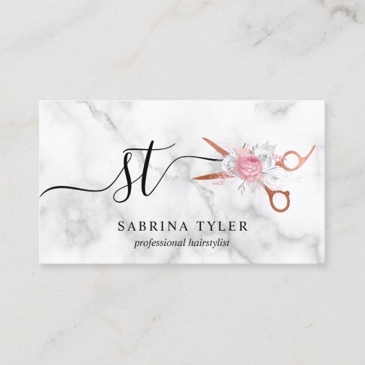 銅エレガントバラ金ゴールドはさみヘアスタイリスト 名刺 (正面)